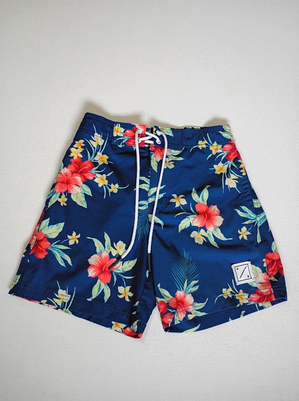 American Eagle Tropical Hibiscus Swim Shorts Blue Altered Smaller High Waist